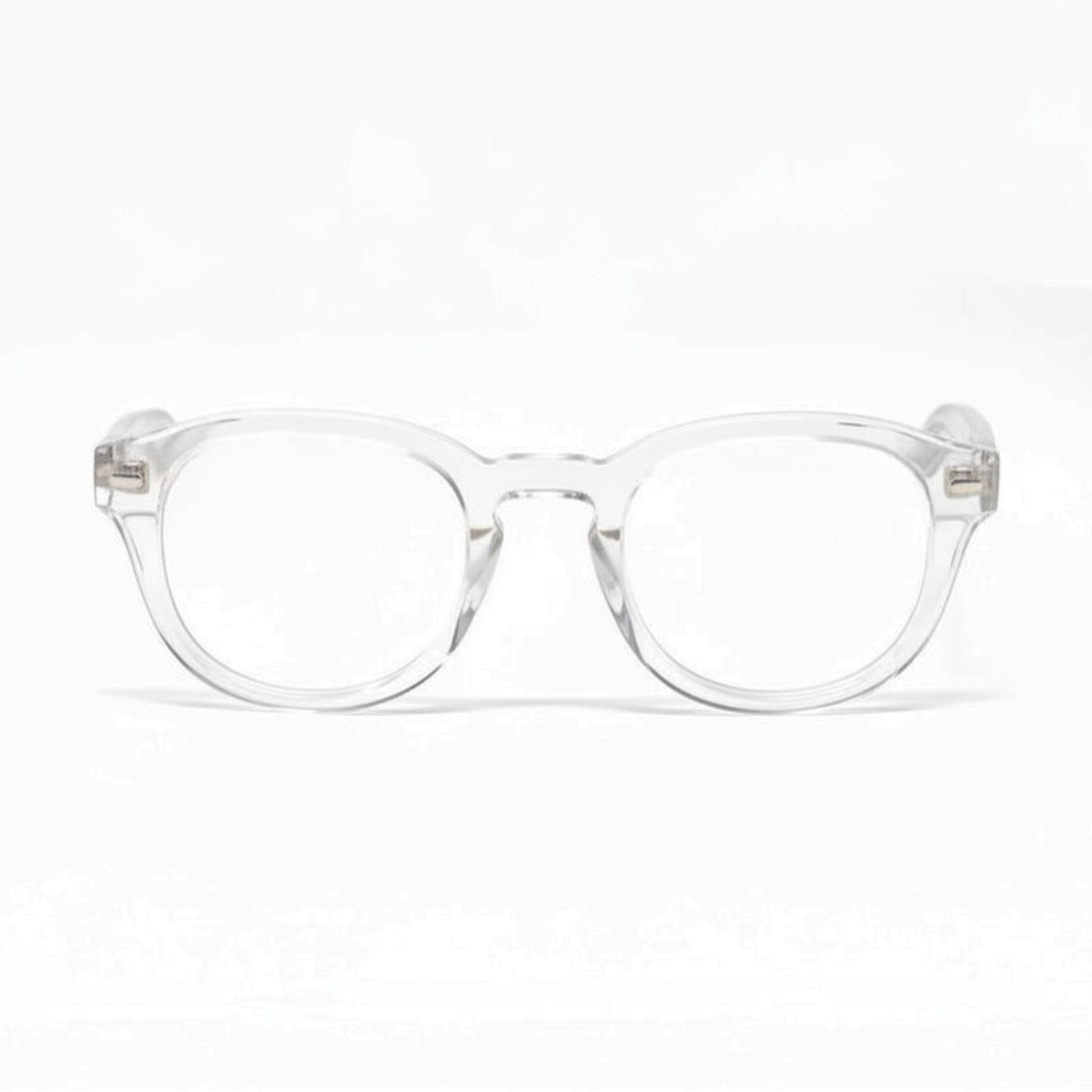 Crystal Clear Showerspecs anti-fog reading glasses, front view.