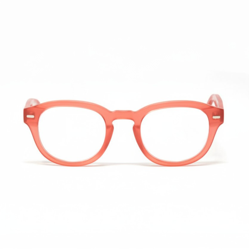 Warm Coral Showerspecs anti-fog reading glasses, front view.