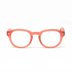 Warm Coral Showerspecs anti-fog reading glasses, front view.