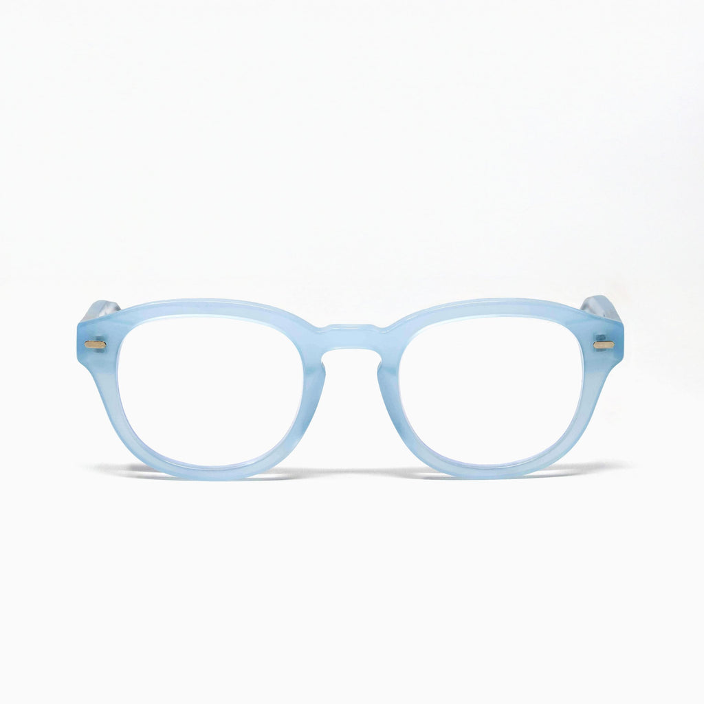 Pastel Blue Showerspecs anti-fog reading glasses, front view.