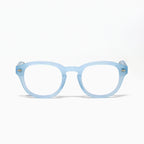 Pastel Blue Showerspecs anti-fog reading glasses, front view.