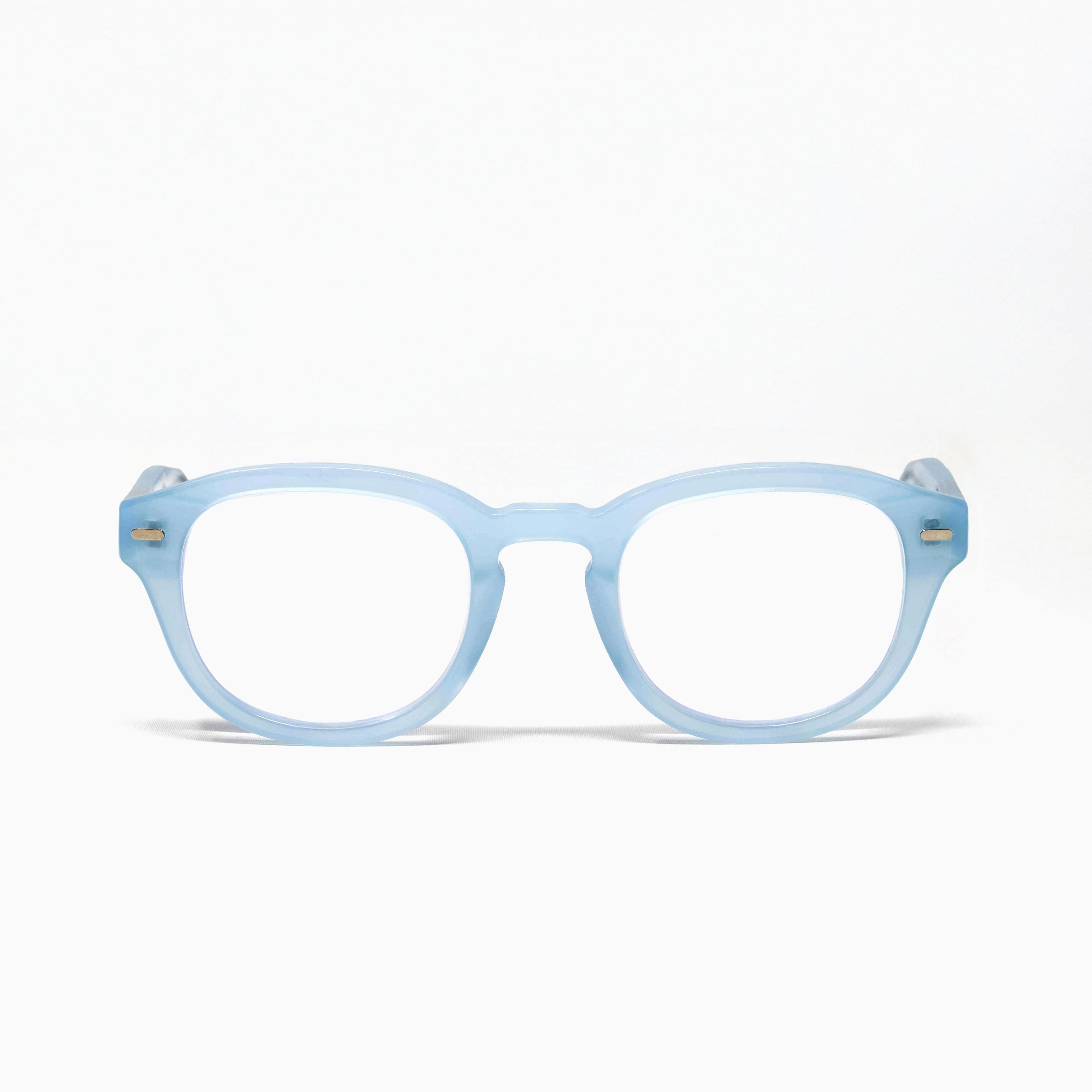 Pastel Blue Showerspecs anti-fog reading glasses, front view.