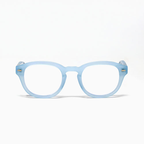 Pastel Blue Showerspecs anti-fog reading glasses, front view.