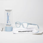 Pastel Blue Showerspecs with packaging and accessories. 