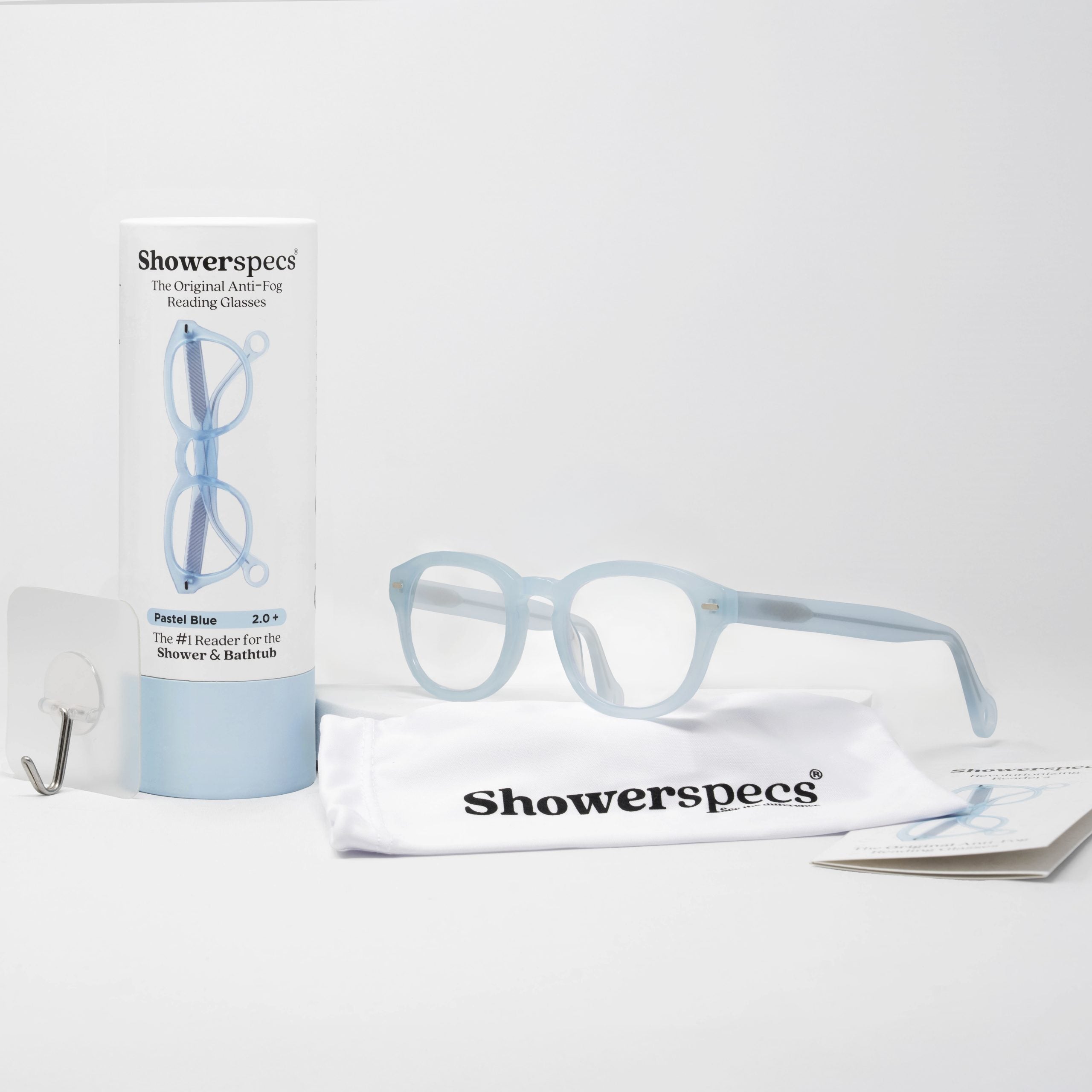 Pastel Blue Showerspecs with packaging and accessories. 