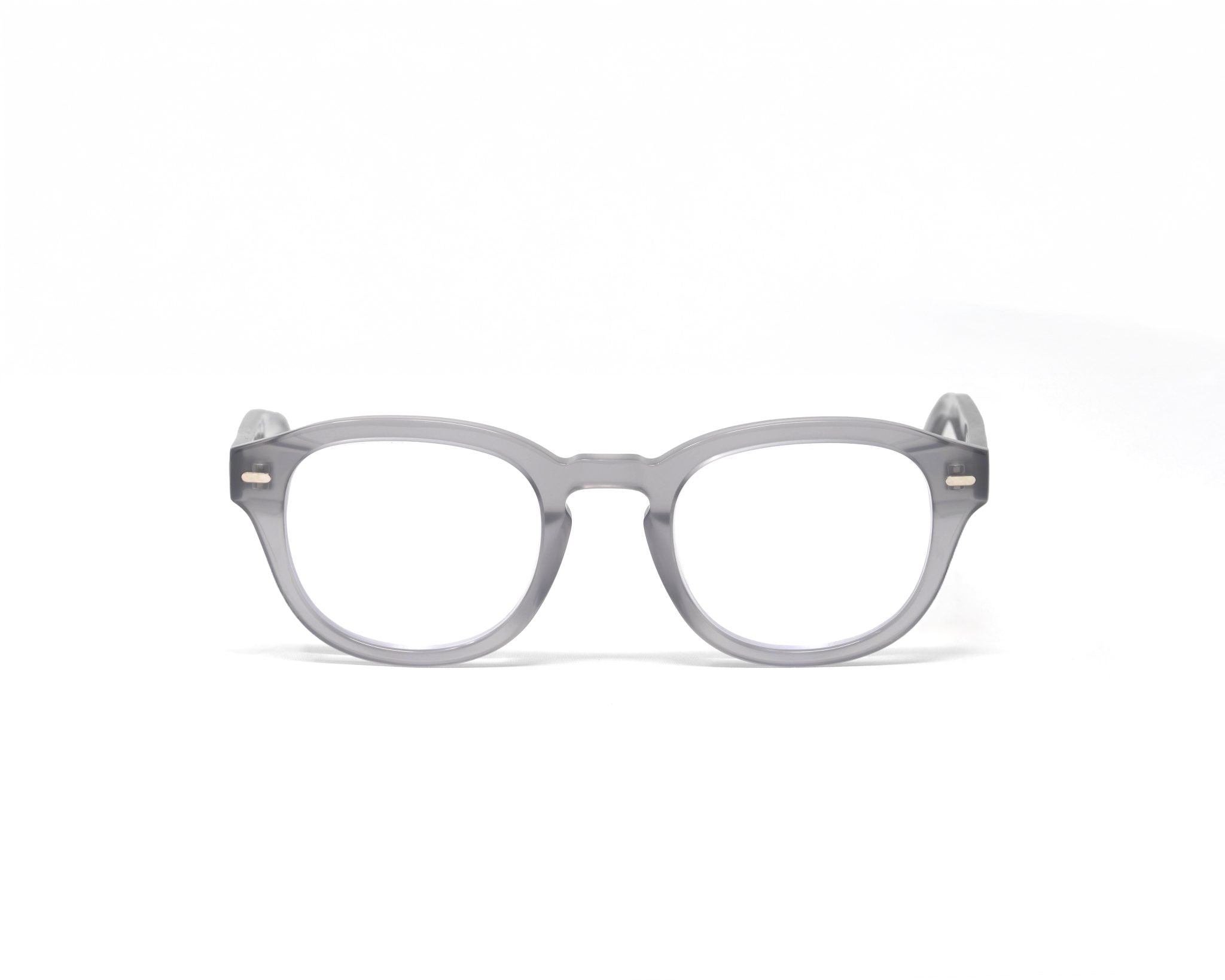 Stone Gray Showerspecs anti-fog reading glasses, front view.