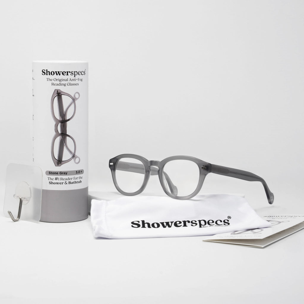 Stone Gray Showerspecs with packaging and accessories. 