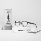 Stone Gray Showerspecs with packaging and accessories. 