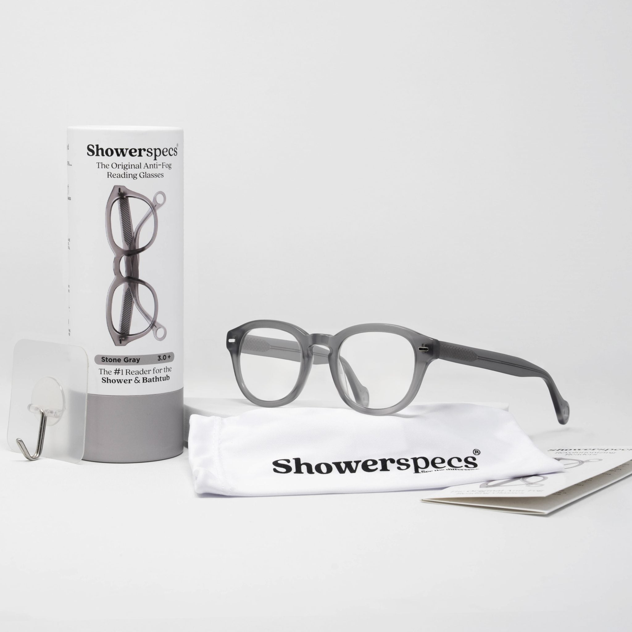 Stone Gray Showerspecs with packaging and accessories. 
