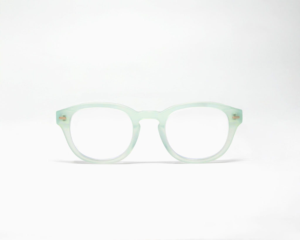 Misty Green Showerspecs anti-fog reading glasses, front view.