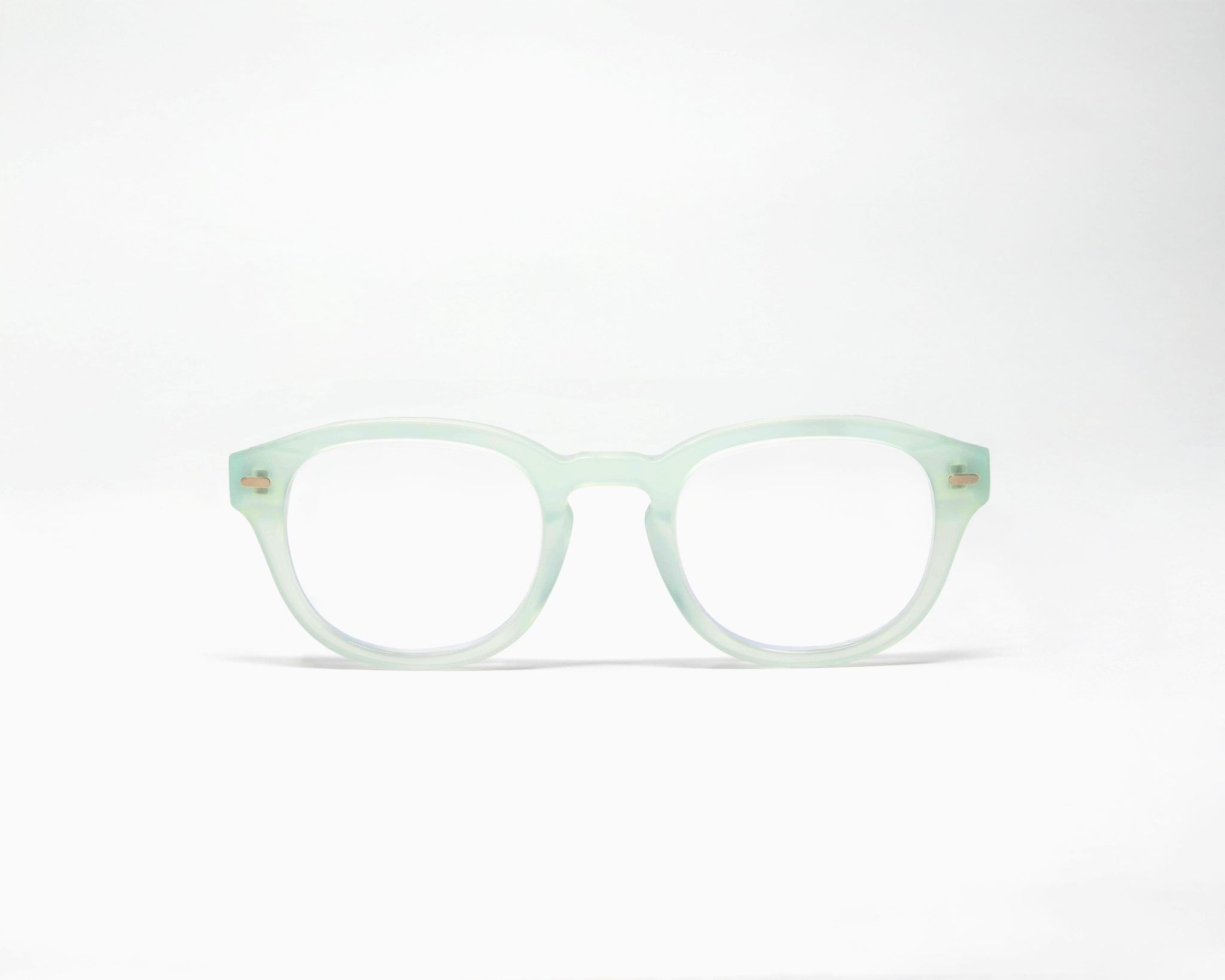 Misty Green Showerspecs anti-fog reading glasses, front view.