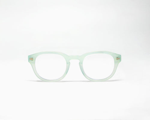 Misty Green Showerspecs anti-fog reading glasses, front view.
