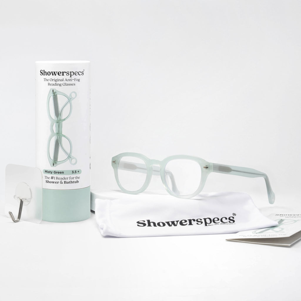 Misty Green Showerspecs anti-fog reading glasses with accessories. 
