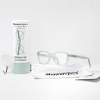 Misty Green Showerspecs anti-fog reading glasses with accessories. 