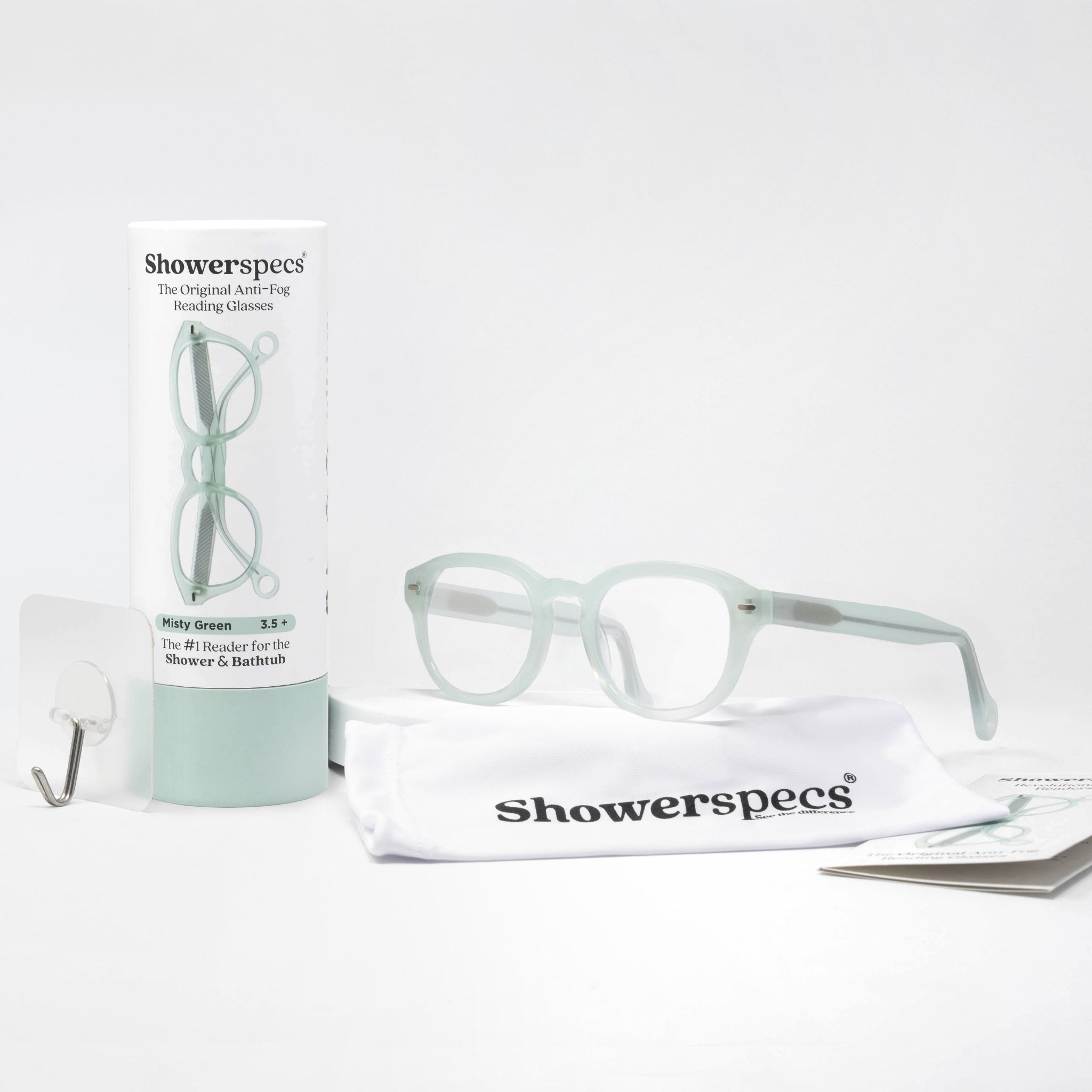 Misty Green Showerspecs anti-fog reading glasses with accessories. 